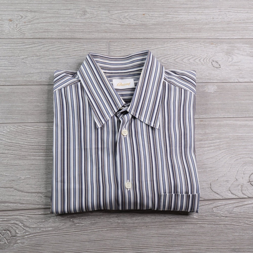 Brioni Italy Blue Stripe Cotton Dress Shirt Men's L MOP Buttons